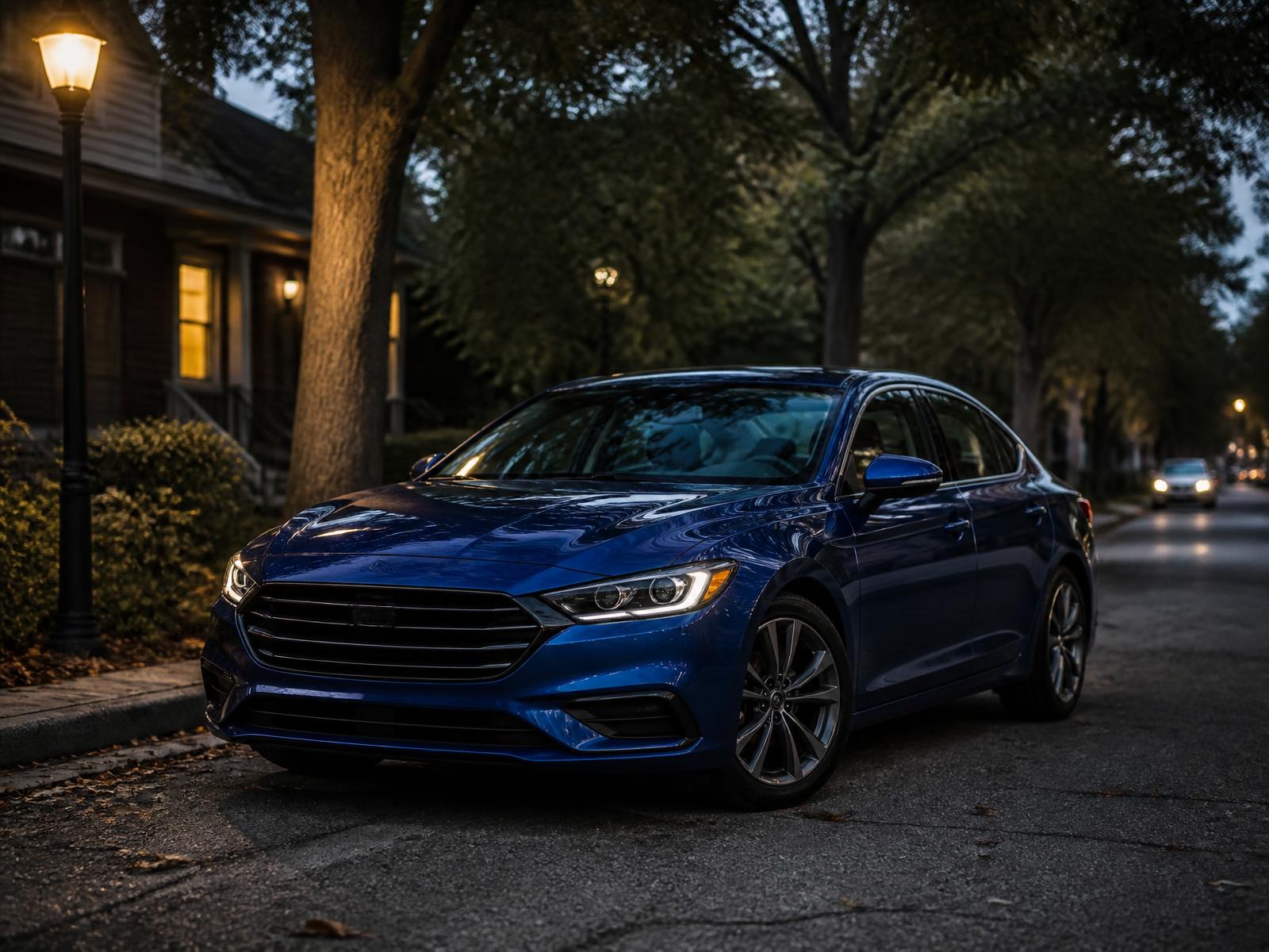Deep blue midsize sedan parked on a tree-lined street in the evening