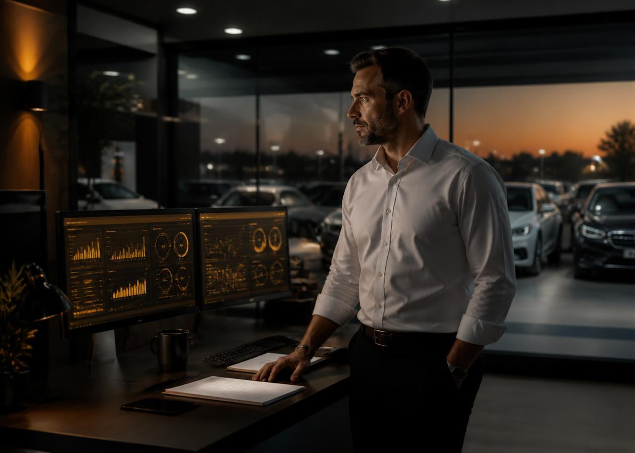 Acquisition manager reviewing vehicle data at a dealership at dusk