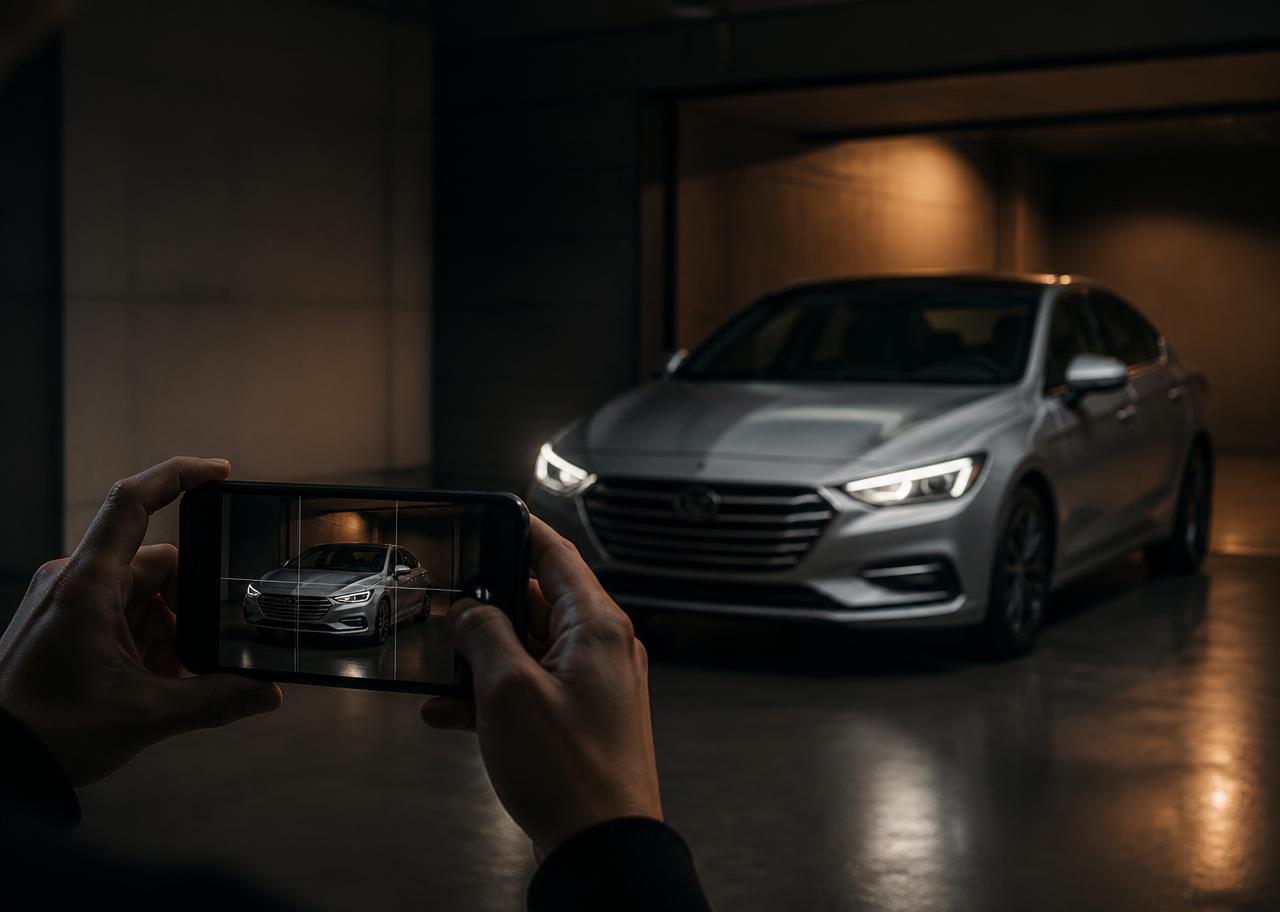 Seller photographing their sedan with a guided capture overlay on their phone