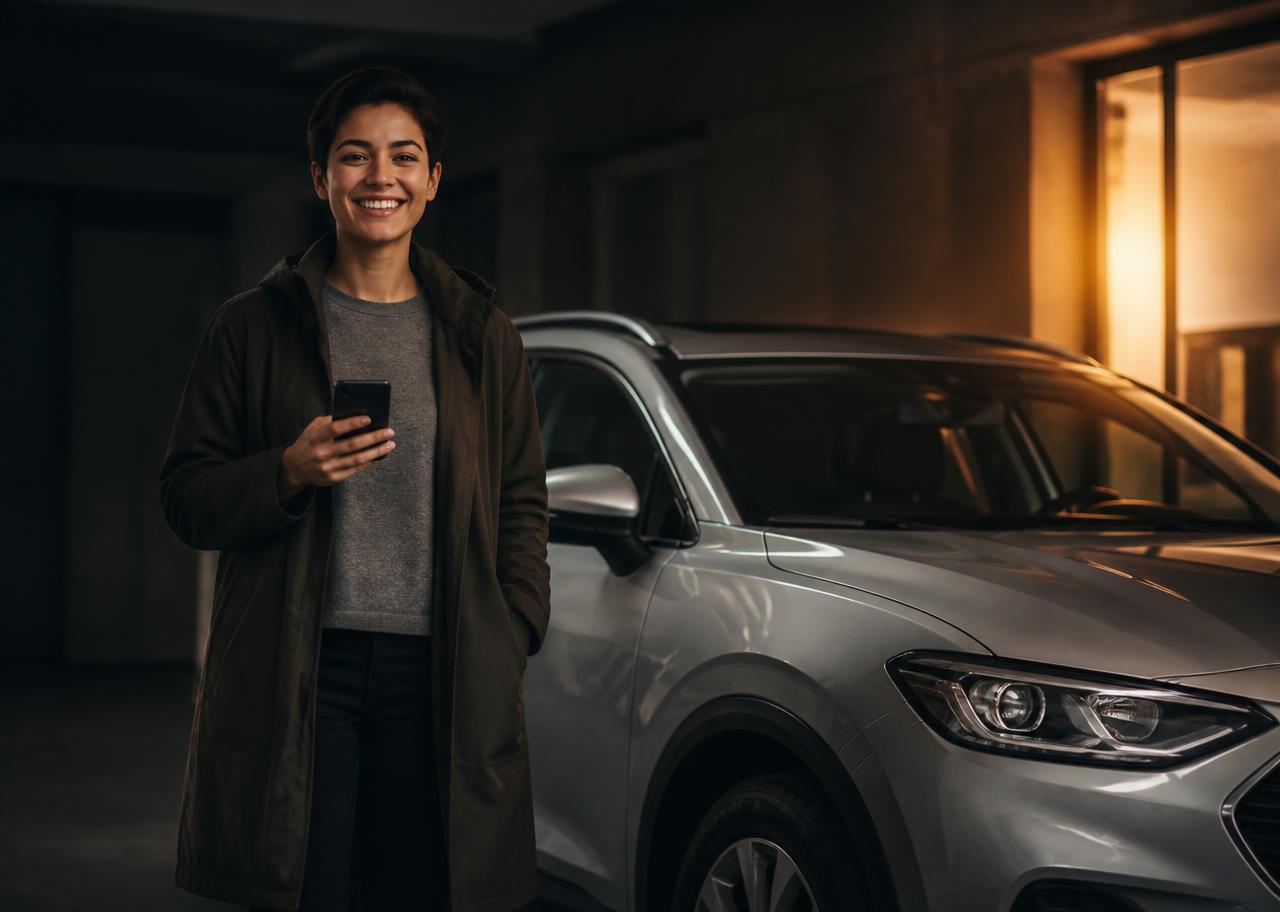 Seller standing beside their crossover after accepting a winning dealer bid